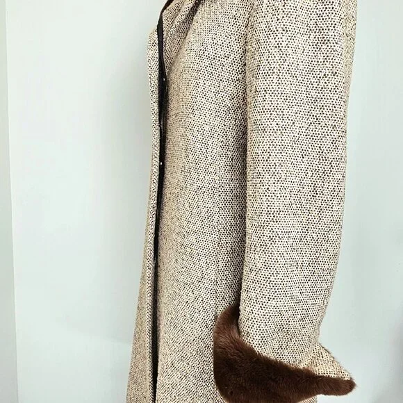 Via Spiga Wool Blend Tweed Coat Rex Rabbit Fur Trim Size 10 - Picture 10 of 16
